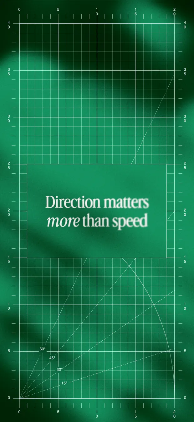 Emerald iPhone wallpaper reading "Direction matters more than speed" over a blueprint grid and soft gradient