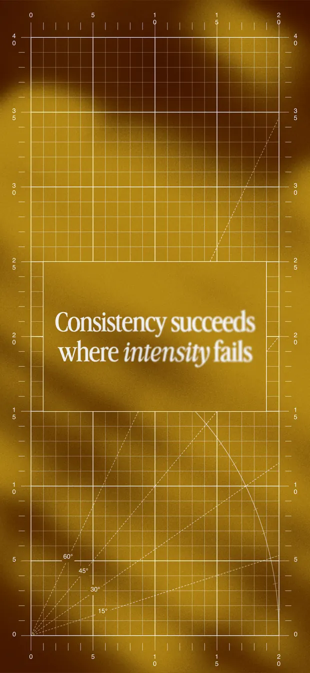 Gold iPhone wallpaper reading "Consistency succeeds where intensity fails" over a blueprint grid and soft gradient