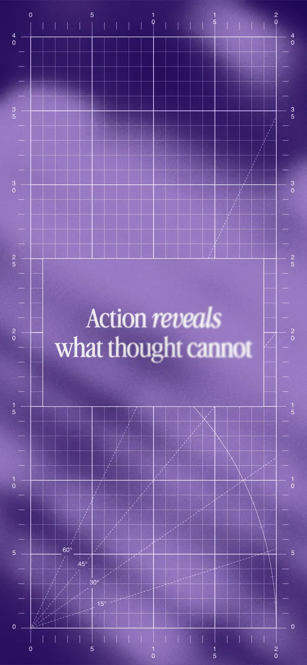 Violet iPhone wallpaper reading "Action reveals what thought cannot" over a blueprint grid and soft gradient