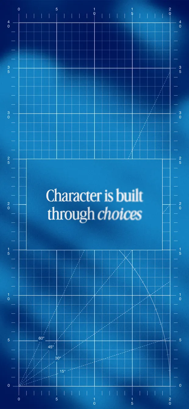Azure iPhone wallpaper reading "Character is built through choices" over a blueprint grid and soft gradient