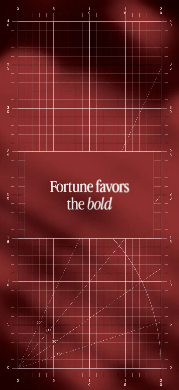 Crimson iPhone wallpaper reading "Fortune favors the bold" over a blueprint grid and soft gradient