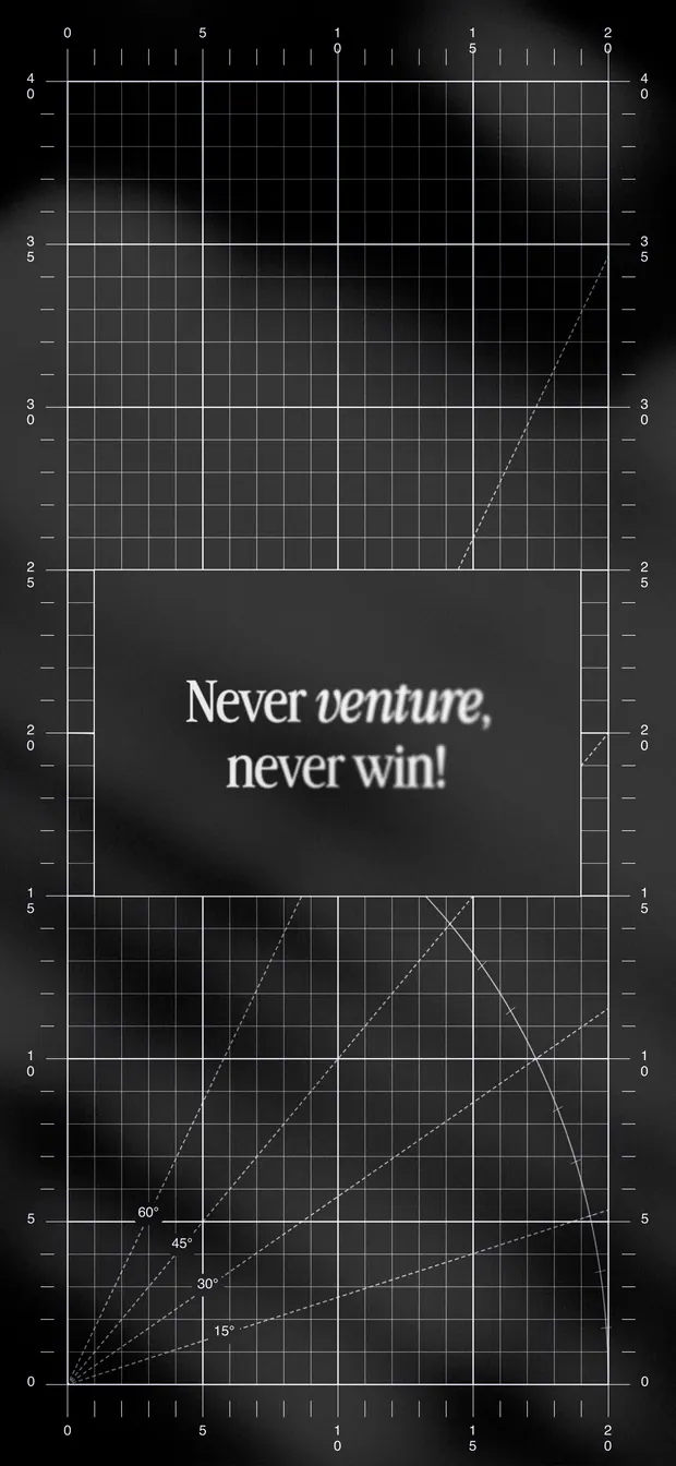 Carbon iPhone wallpaper reading "Never venture, never win!" over a blueprint grid and soft gradient