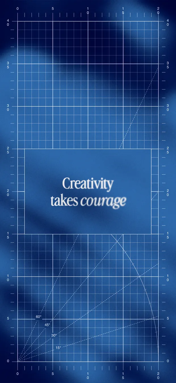 Steel iPhone wallpaper reading "Creativity takes courage" over a blueprint grid and soft gradient