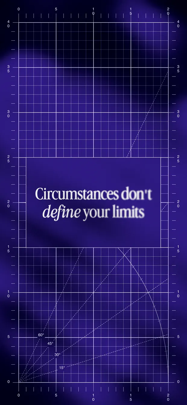 Amethyst iPhone wallpaper reading "Circumstances don't define your limits" over a blueprint grid and soft gradient